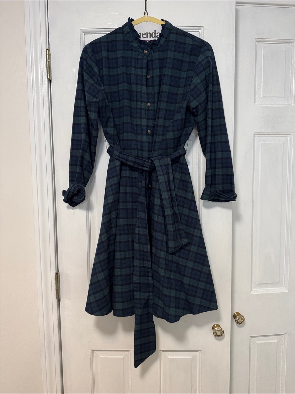 Kiel James Patrick Plaid Button-Front Shirt Dress with Waist Tie - Blue/Green M